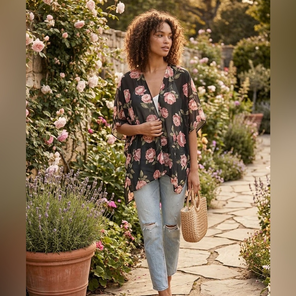 Live 4 Truth Black Kimono with Pink Floral Design